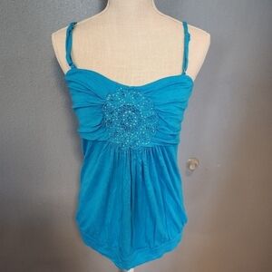 Vintage Y2K Inc ruched boho embroidered turquoise built-in bra top tank top